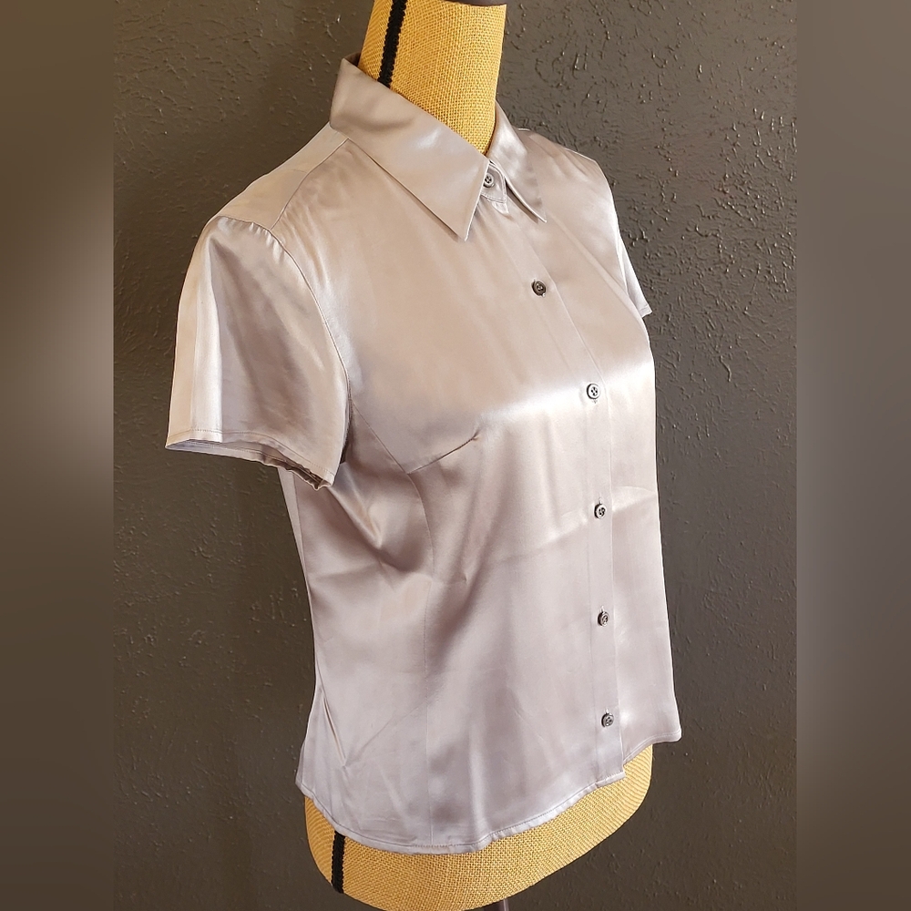 J. Crew Silver Silk Short-Sleeve Button-Down Blouse - Picture 2 of 11